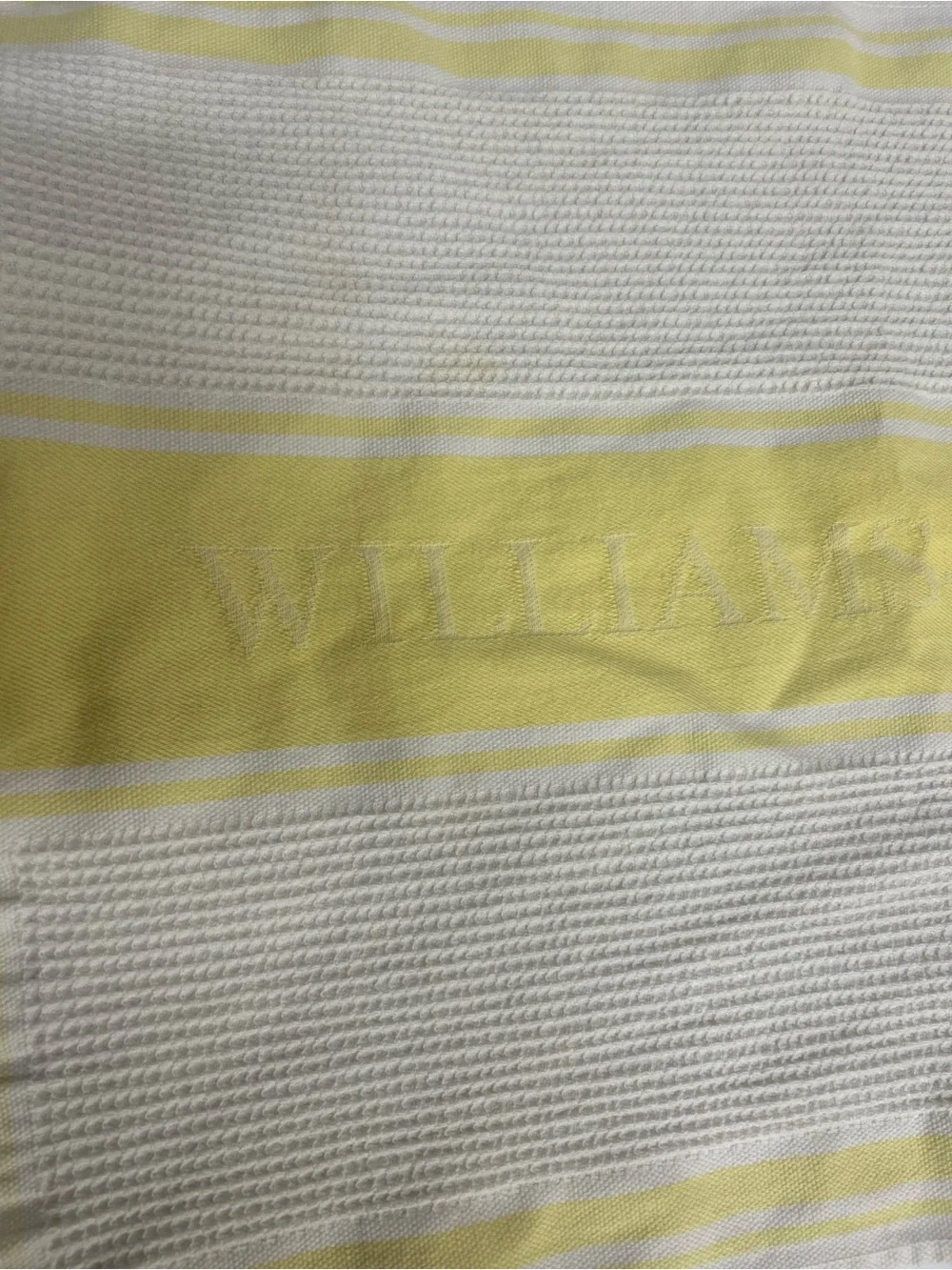 Williams Sonoma Classic Waffle Dish Towel Yellow on White Spellout- EUC